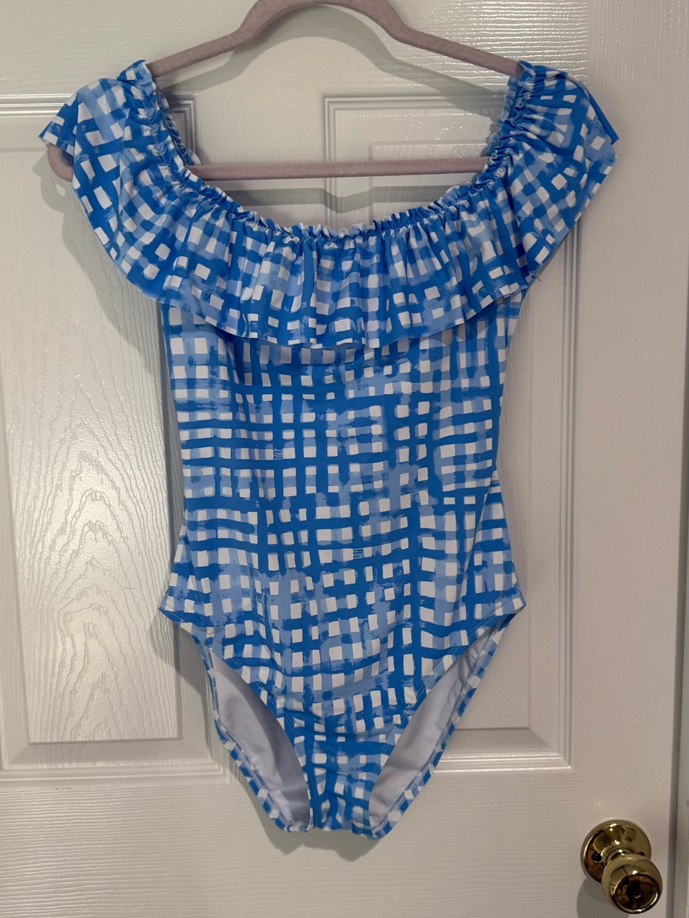 Lilly Pulitzer Blue and White Off-Shoulder One-Piece Swimsuit